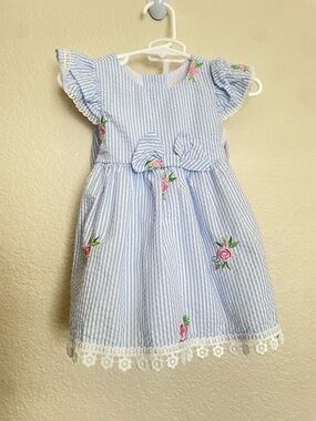 Rare Editions Blue and Pink Striped Floral Bow Dress for Baby Girl